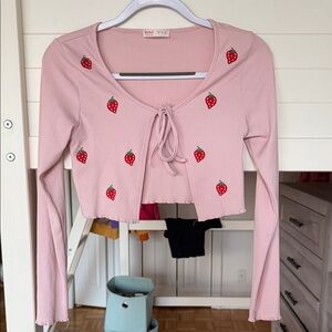 Pink Strawberry Tie-Front Ribbed Crop Top